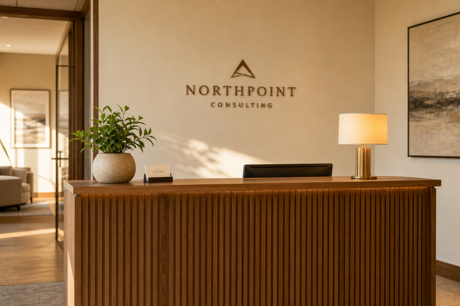 Welcoming professional reception desk in a warm consultancy office