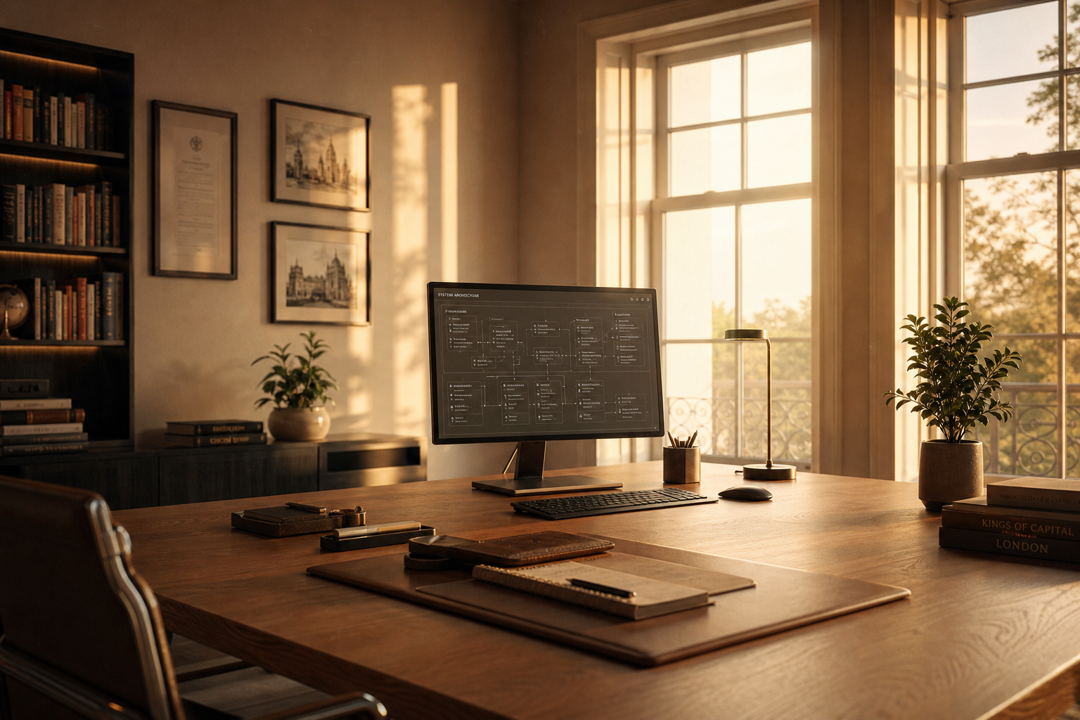 Professional workspace with system architecture on screen, warm morning light