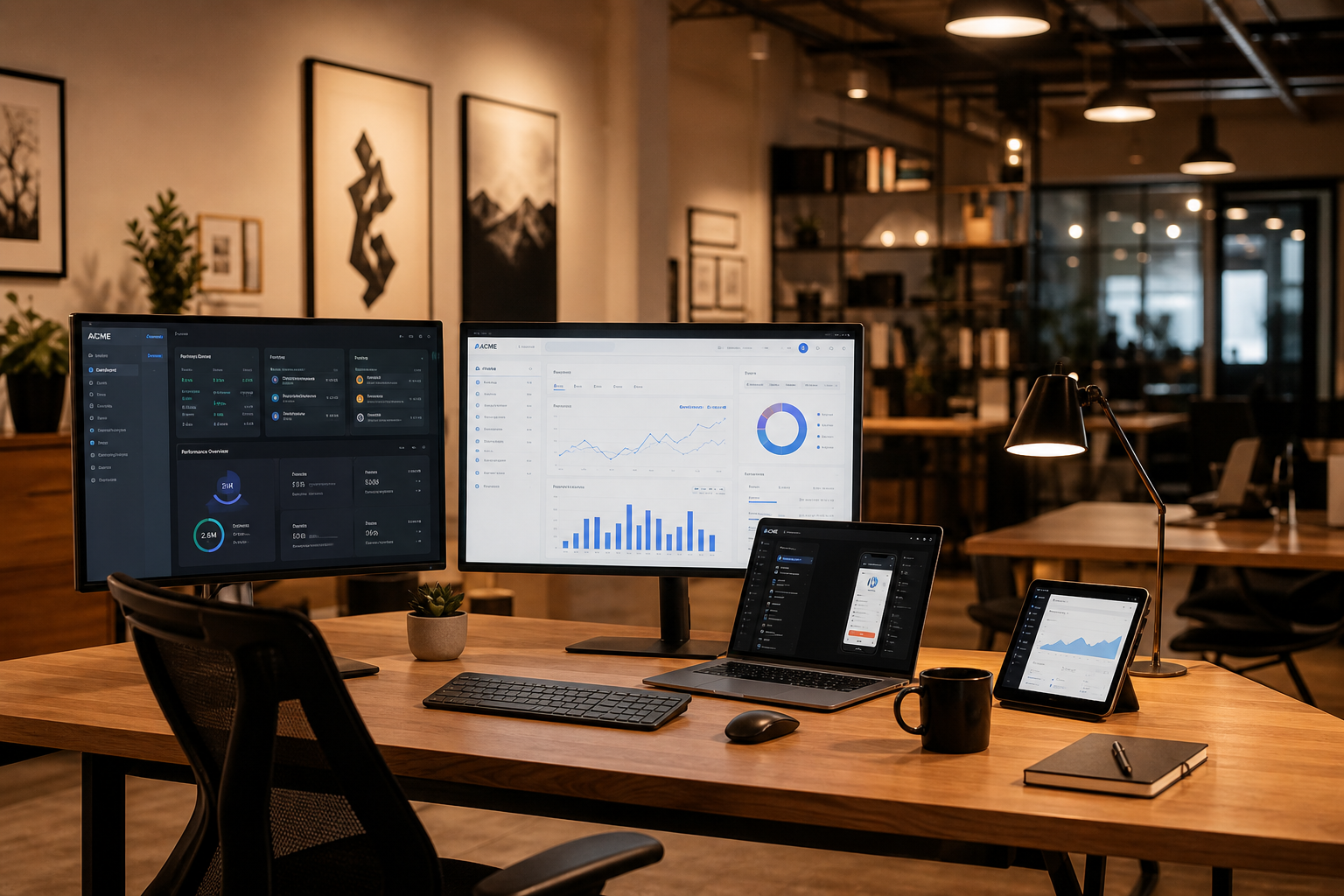 Enterprise software platform with multiple dashboards, professional workspace