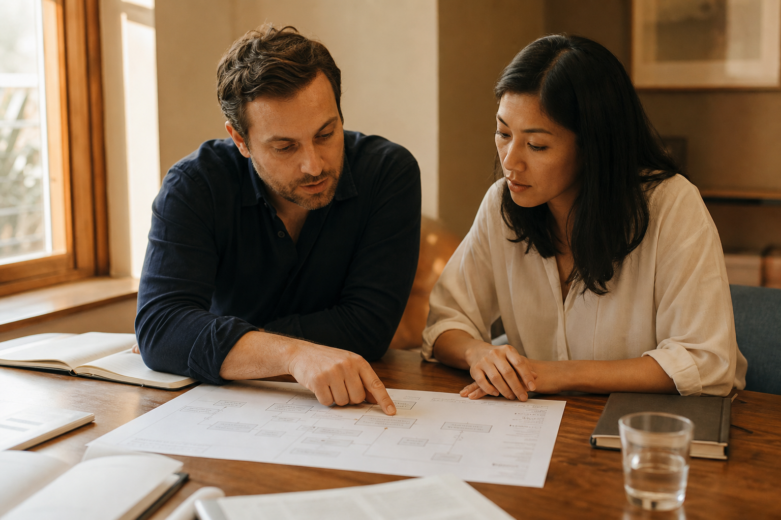Two professionals reviewing a system architecture document together