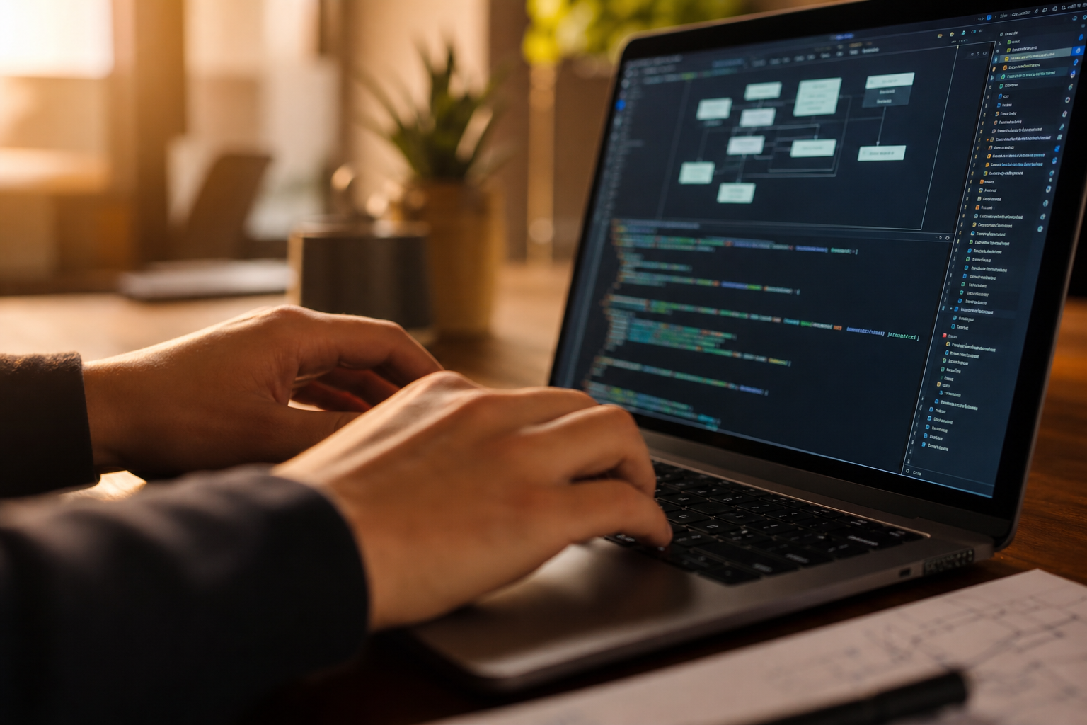 Technical professional working at a laptop with system architecture visible on screen